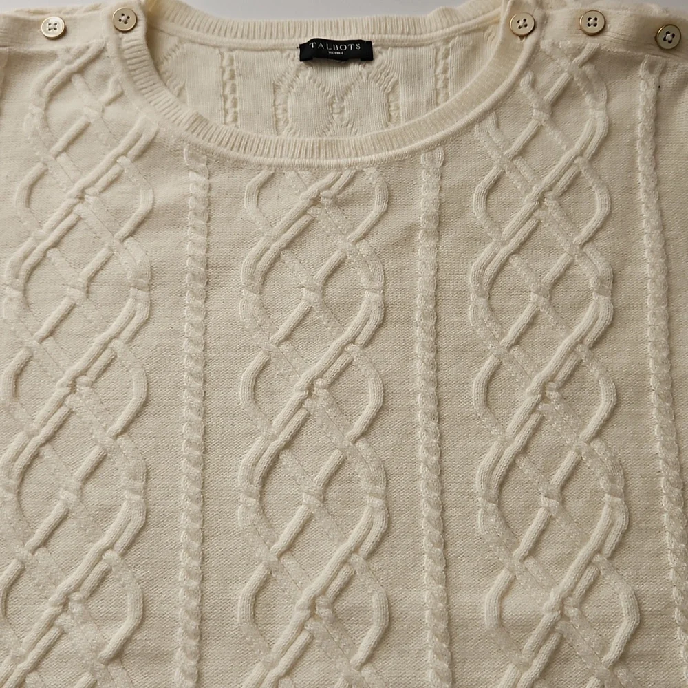 Talbots Cable Knit Sweater Cream Button Shouders 30% Lambswool 2X Soft Neutral